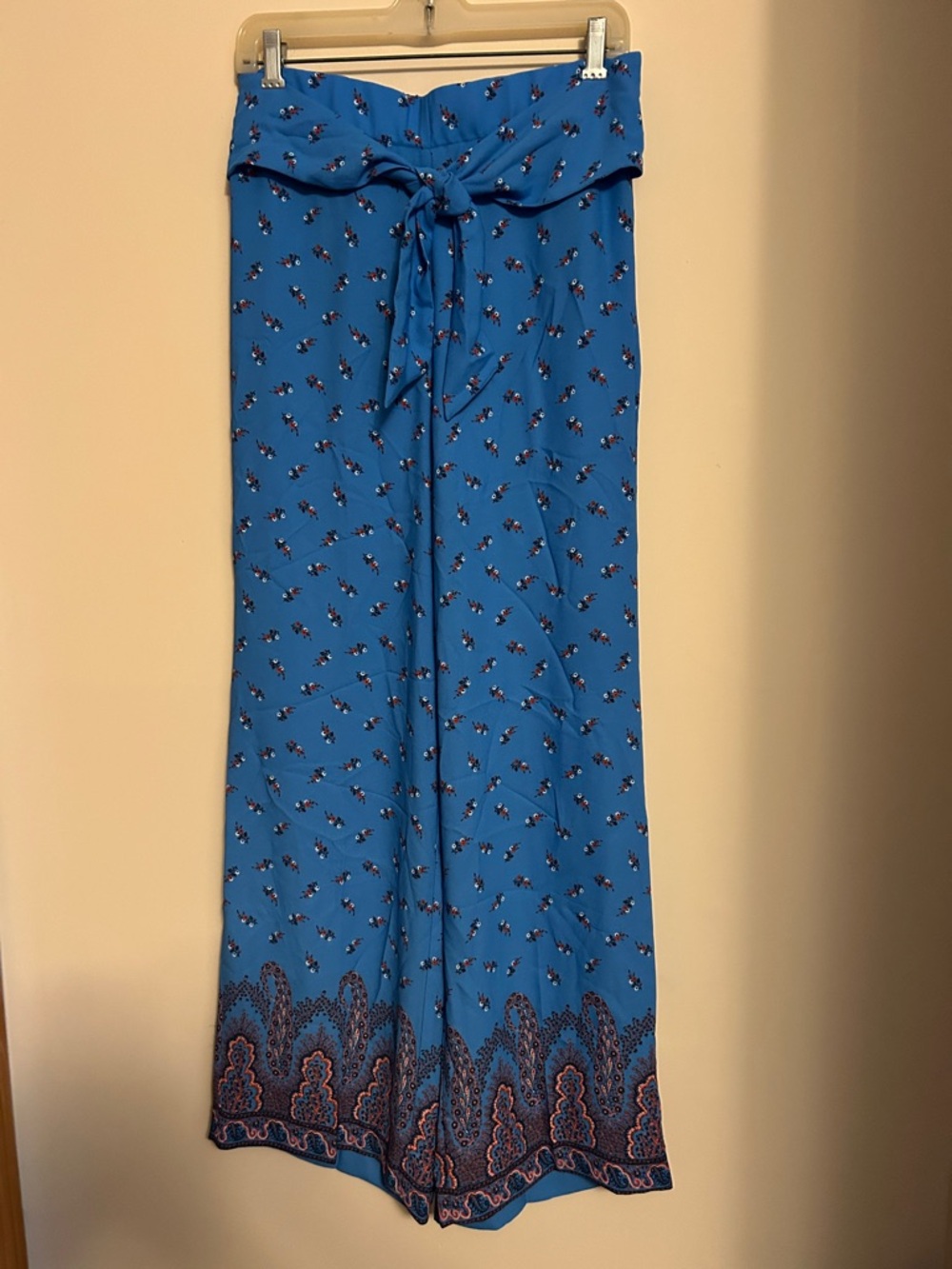Ann Taylor light blue/flower print palazzo pants tie front back pockets size S